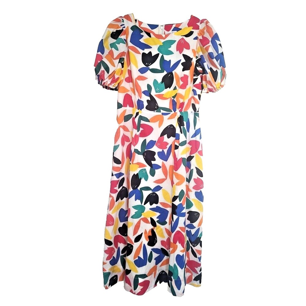 Sz 8 Calvin Klein Floral Midi Dress Bright Multicolor Print Puff sleeve Size 8